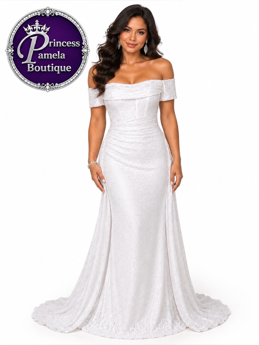 #261-11 All White Sequins Off the Shoulder Detachable Train Wedding Gown-XS 2